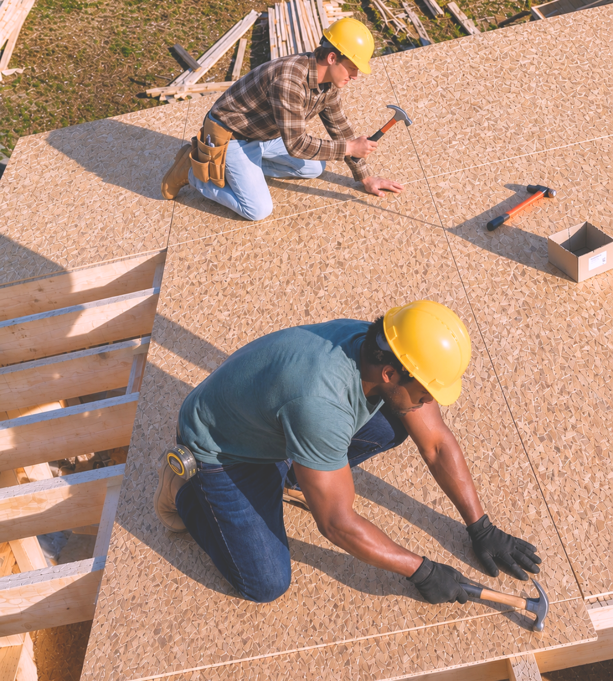 Workers installing roof sheathing on an ADU structure in Los Angeles while wearing yellow hard hats