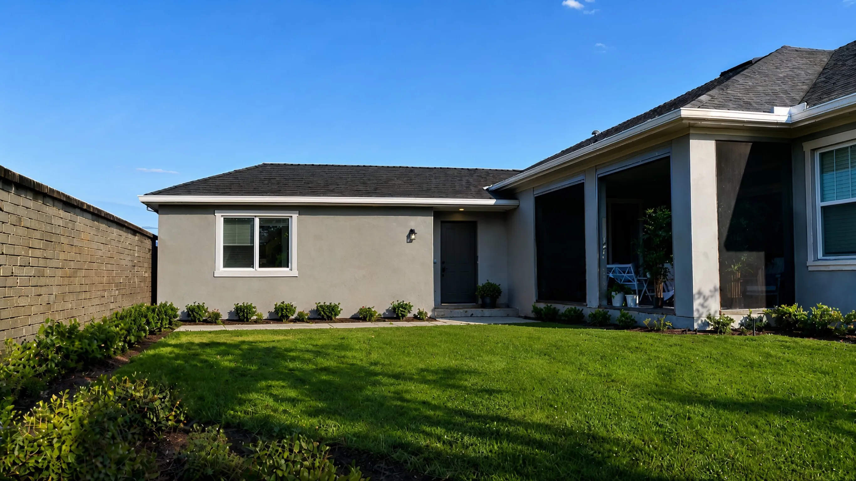 After image of an attached ADU project in Los Angeles showing a completed side yard home extension connected to the main house with stucco exterior, private entry, and landscaped lawn