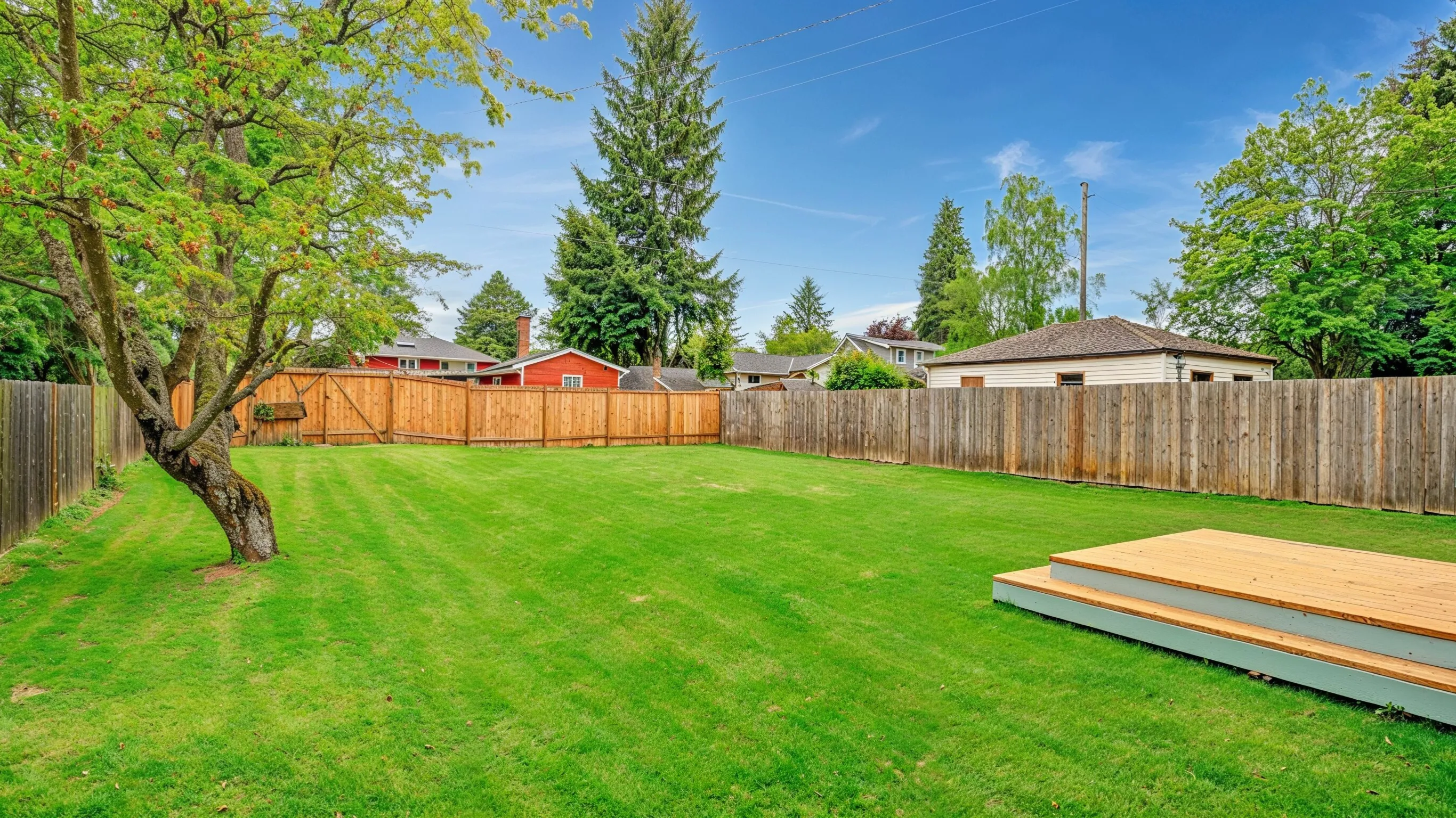 Before image of a backyard guest house project in Los Angeles showing an open fenced yard with green lawn and deck area before guest house construction