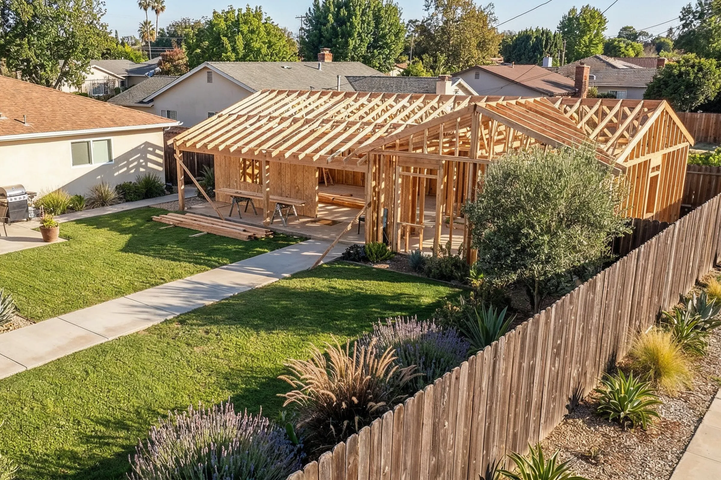 Los Angeles ADU builders constructing a backyard ADU with wood framing and residential landscaping