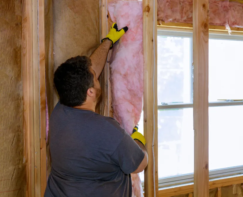 ADU interior buildout in Los Angeles with contractor installing wall insulation between wood studs near a residential window