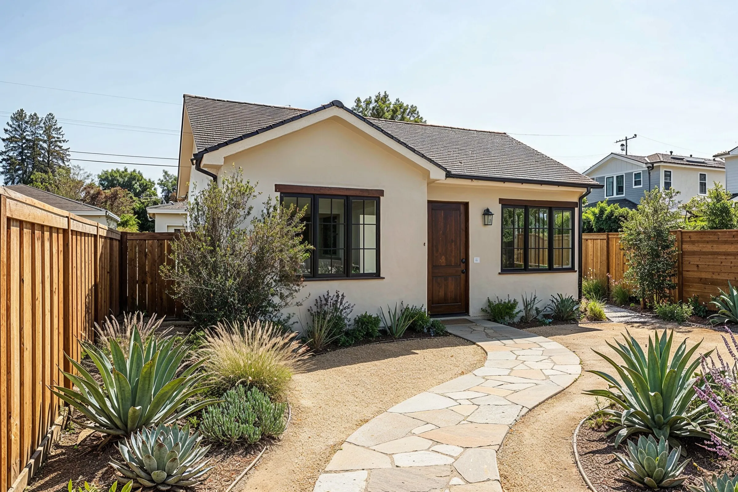 ADU permits Los Angeles city approval for a completed backyard accessory dwelling unit with drought-friendly landscaping and walkway