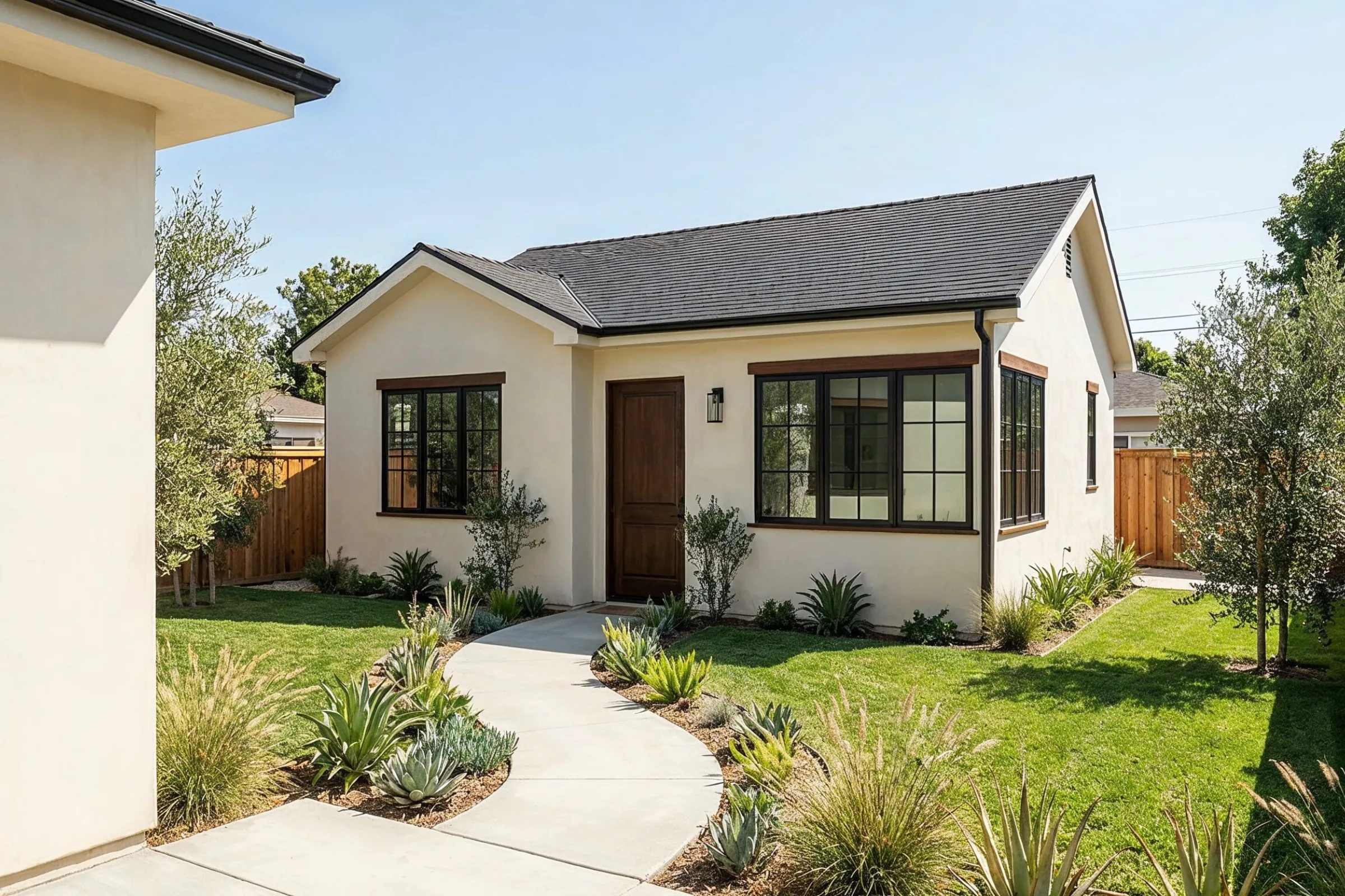 ADU permits Los Angeles city approval for a finished backyard ADU with stucco exterior, wood door, large windows, and landscaped walkway