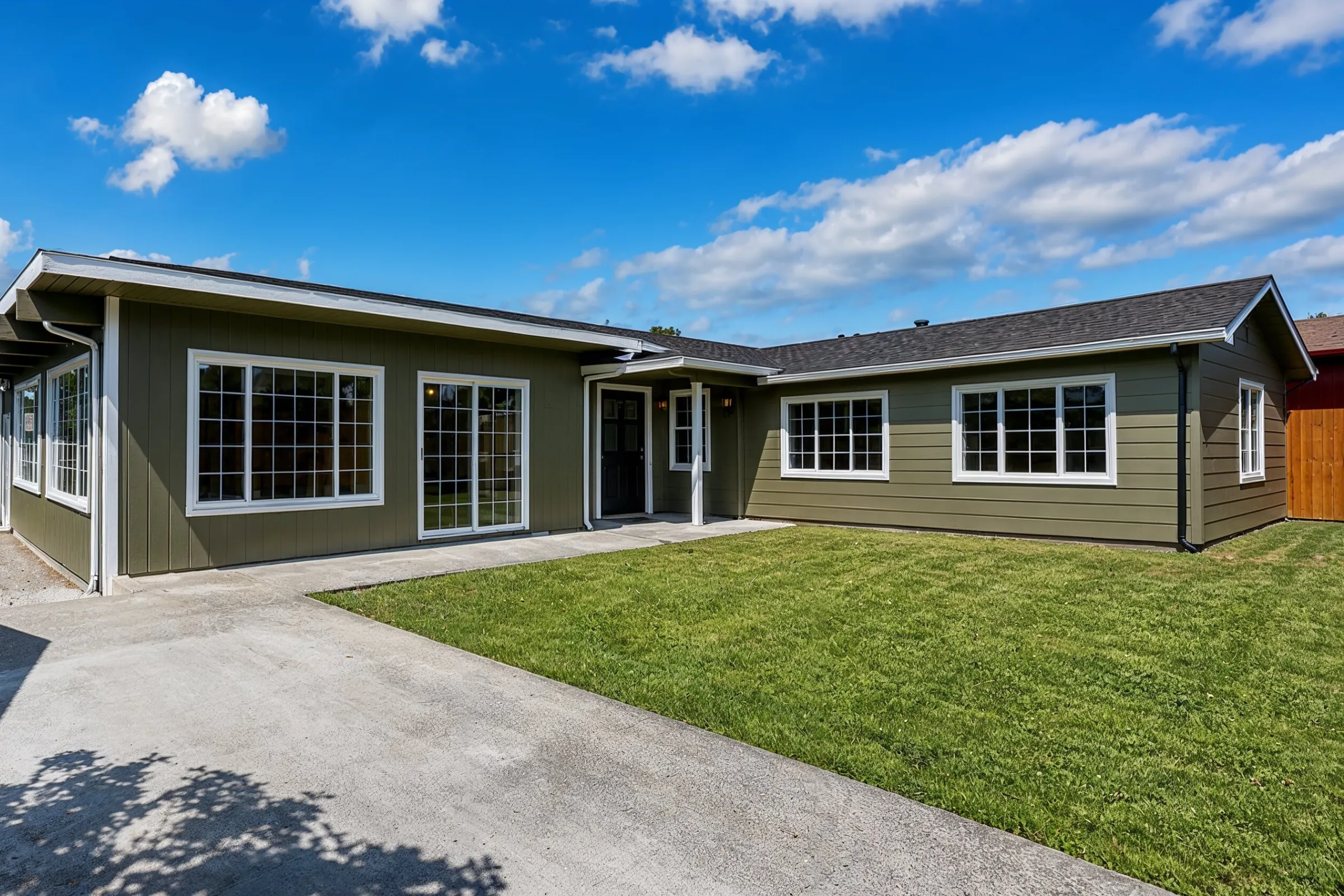 Attached ADU builders in Los Angeles creating an L-shaped home addition with matching siding, large windows, and backyard lawn