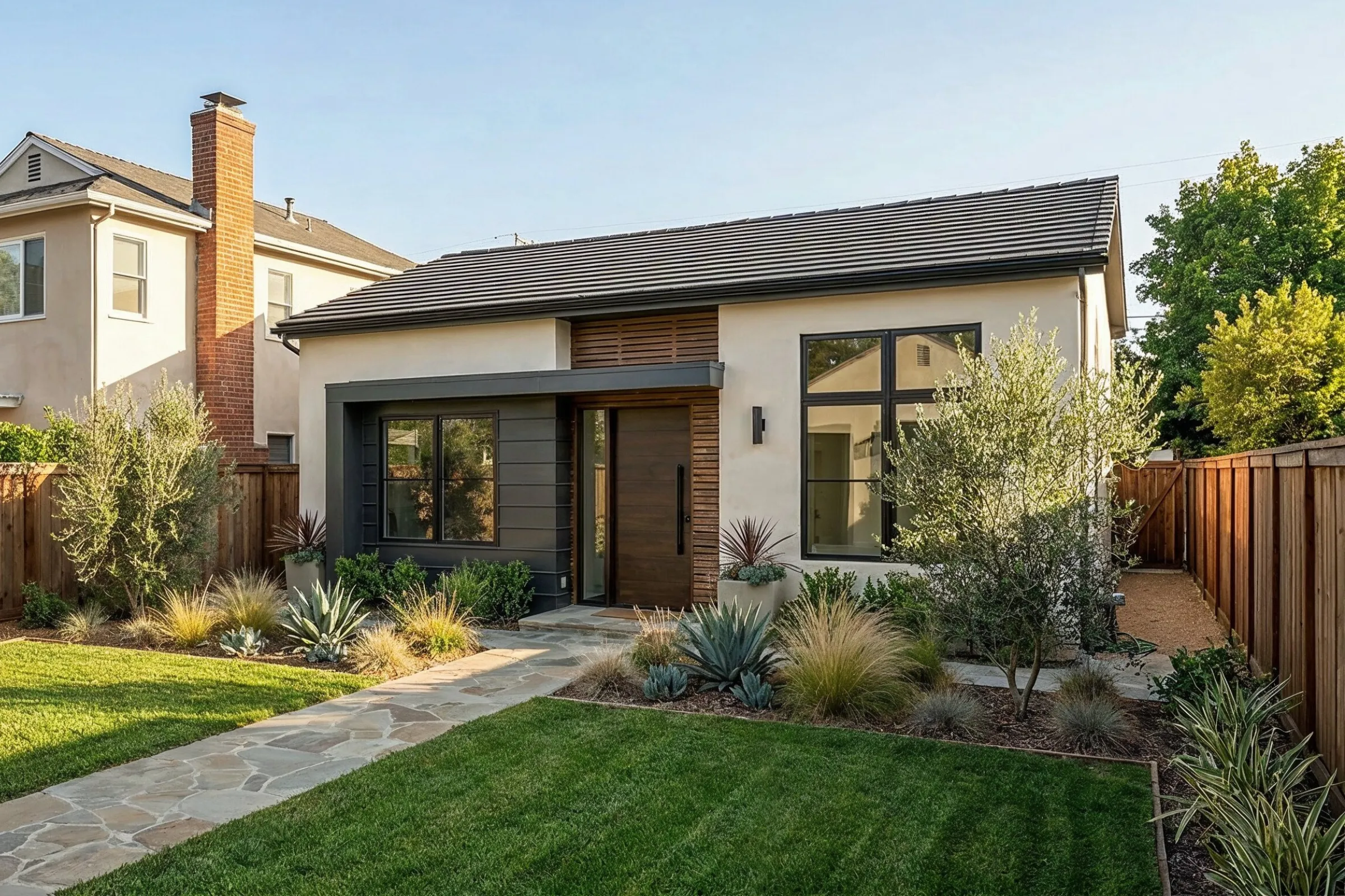 Custom ADU design build in Los Angeles with modern luxury exterior, stucco finish, wood entry door, large windows, and drought-friendly landscaping