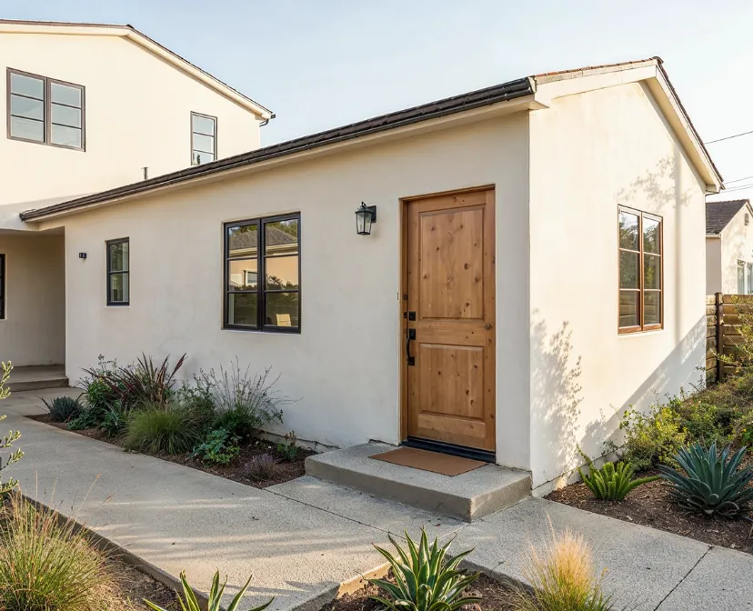 Custom ADU design build in Los Angeles featuring a finished stucco backyard suite with wood door, private entry, windows, and custom landscaping