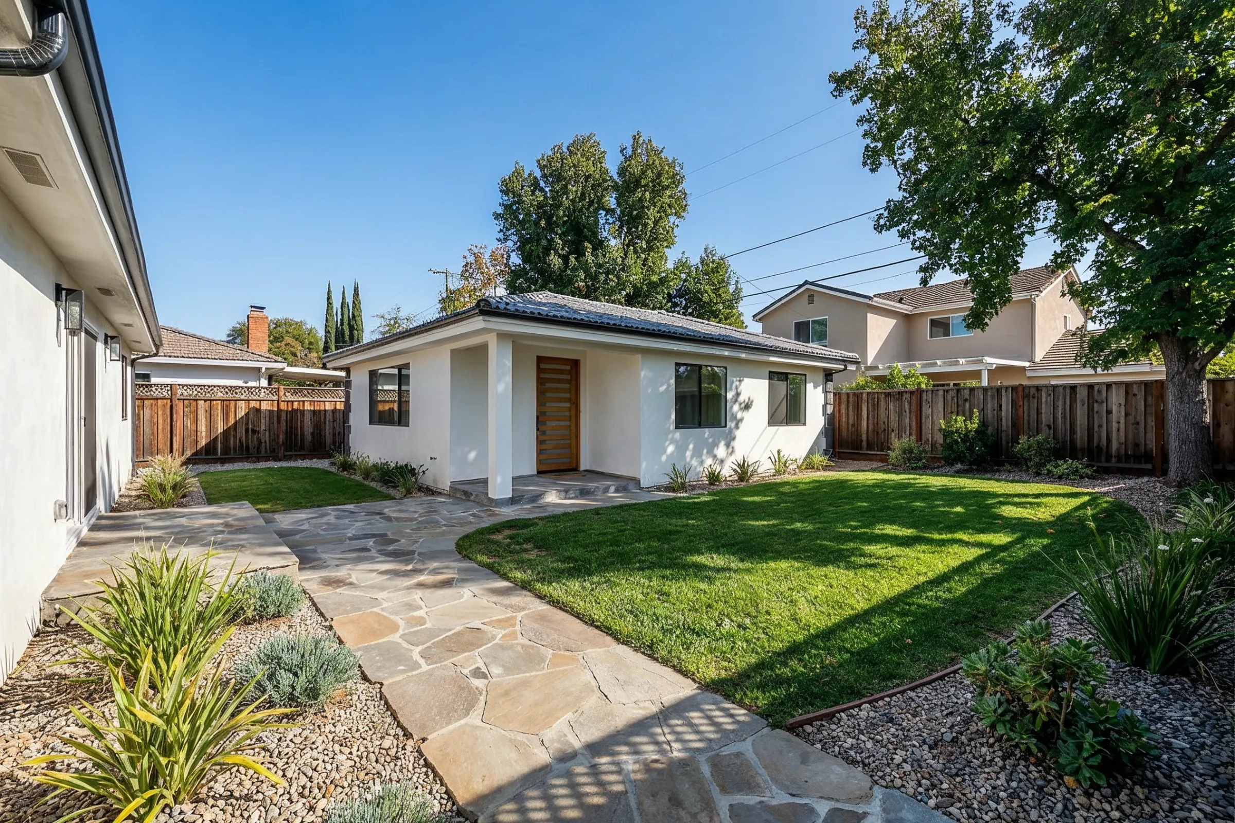 Detached ADU builders in Los Angeles completed modern backyard ADU with stucco exterior, private entry, walkway, and landscaping