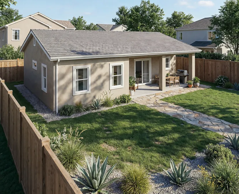 Detached ADU builders in Los Angeles creating a private backyard guest house with patio, lawn, fencing, and residential landscaping