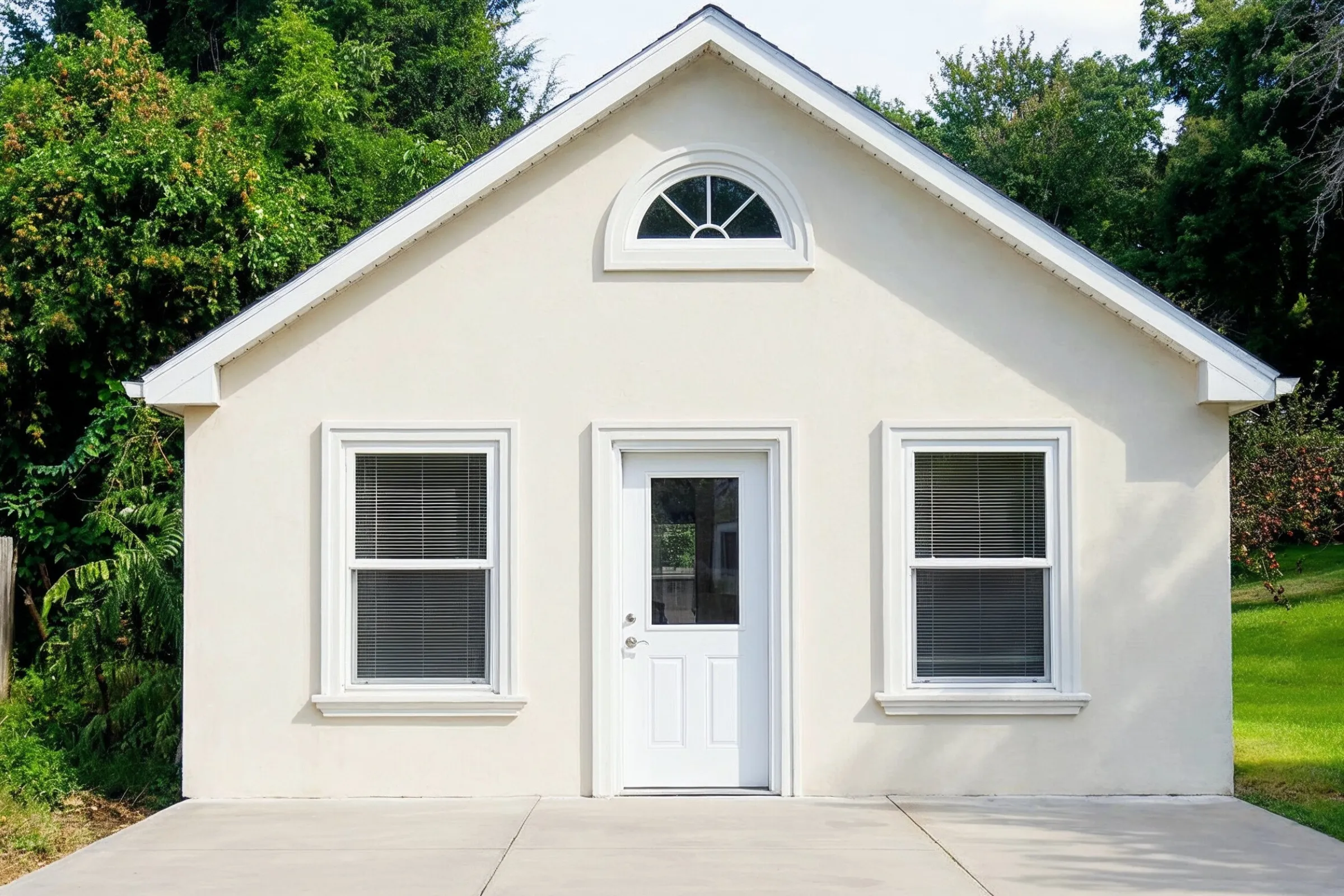 Garage conversion ADU contractors in Los Angeles finished garage ADU exterior with stucco walls, centered entry door, windows, and concrete pad