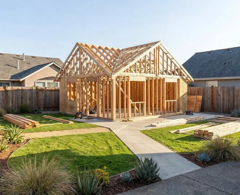 Los Angeles ADU builders creating a backyard ADU framing project with wood structure, walkway, and residential landscaping