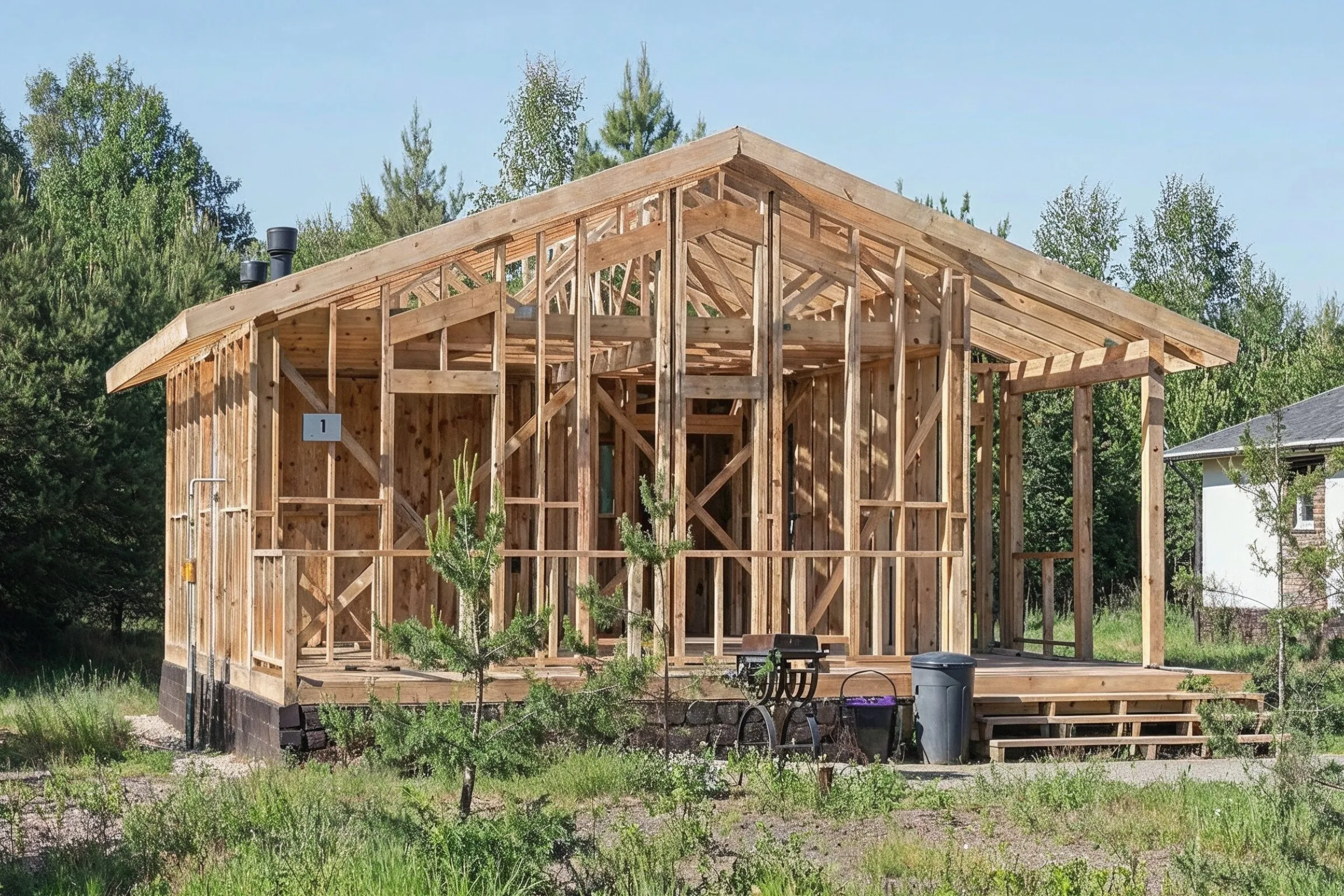 Los Angeles ADU builders constructing an ADU shell with plywood walls, roof installation, and unfinished exterior framing